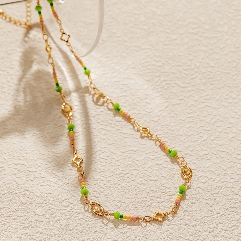 Gold Tone Beaded Evil Eye Clover Necklace Green Pink Yellow Boho Dainty Chain